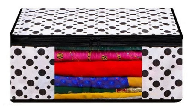 White & Black Polka Dot Printed Clothes Storage Organizer Box with Transparent Window and Zip Closure