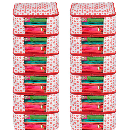 White & Red Polka Dot Printed Clothes Storage Organizer Box with Transparent Window and Zip Closure