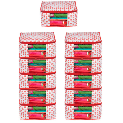 White & Red Polka Dot Printed Clothes Storage Organizer Box with Transparent Window and Zip Closure