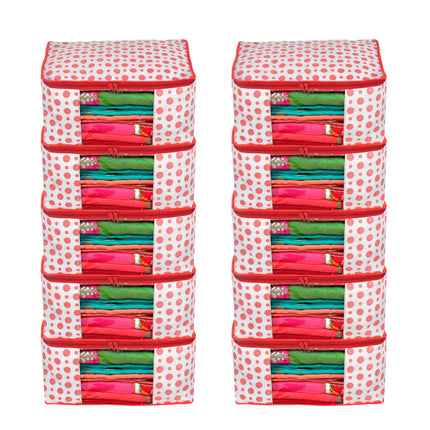 White & Red Polka Dot Printed Clothes Storage Organizer Box with Transparent Window and Zip Closure