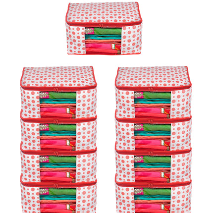 White & Red Polka Dot Printed Clothes Storage Organizer Box with Transparent Window and Zip Closure
