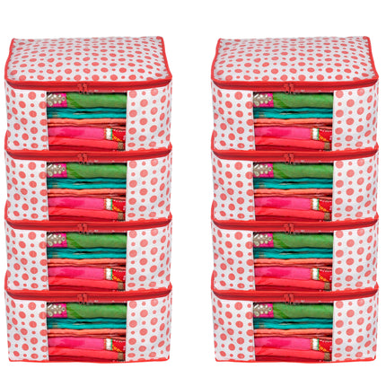 White & Red Polka Dot Printed Clothes Storage Organizer Box with Transparent Window and Zip Closure