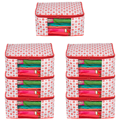 White & Red Polka Dot Printed Clothes Storage Organizer Box with Transparent Window and Zip Closure