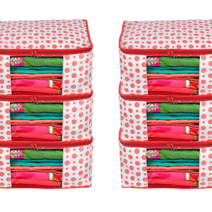 White & Red Polka Dot Printed Clothes Storage Organizer Box with Transparent Window and Zip Closure