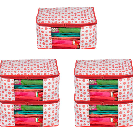 White & Red Polka Dot Printed Clothes Storage Organizer Box with Transparent Window and Zip Closure