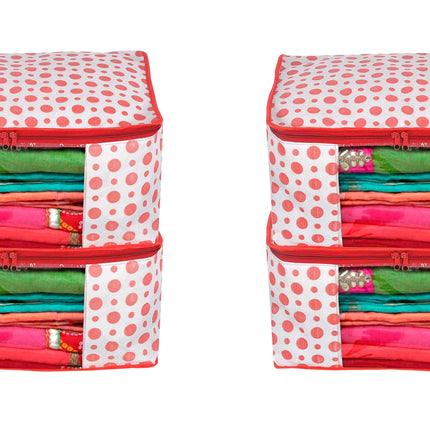 White & Red Polka Dot Printed Clothes Storage Organizer Box with Transparent Window and Zip Closure