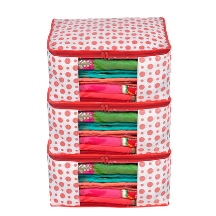 White & Red Polka Dot Printed Clothes Storage Organizer Box with Transparent Window and Zip Closure