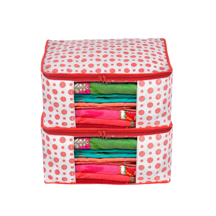 White & Red Polka Dot Printed Clothes Storage Organizer Box with Transparent Window and Zip Closure