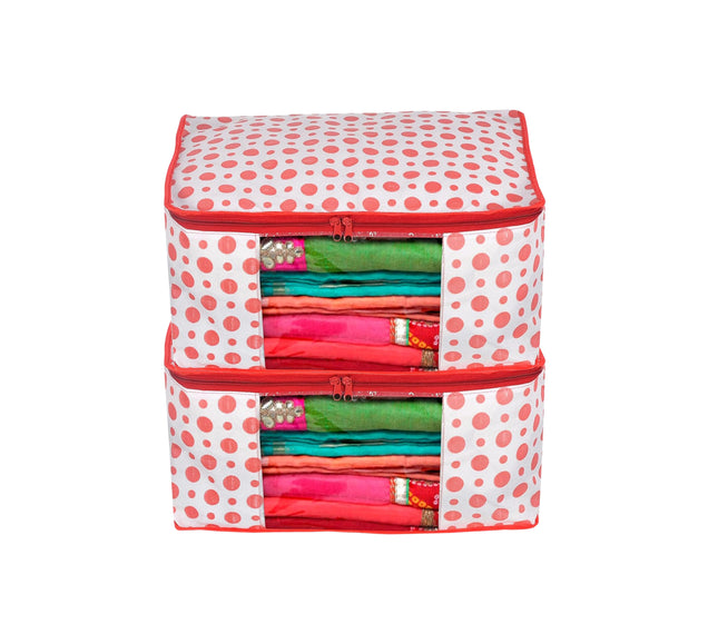 White & Red Polka Dot Printed Clothes Storage Organizer Box with Transparent Window and Zip Closure