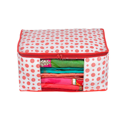 White & Red Polka Dot Printed Clothes Storage Organizer Box with Transparent Window and Zip Closure