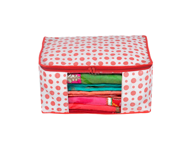 White & Red Polka Dot Printed Clothes Storage Organizer Box with Transparent Window and Zip Closure