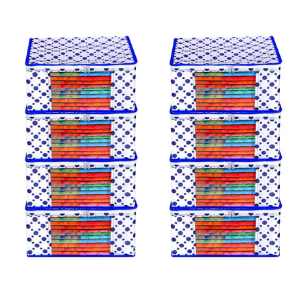 White & Blue Polka Dot Printed Clothes Storage Organizer Box with Transparent Window and Zip Closure