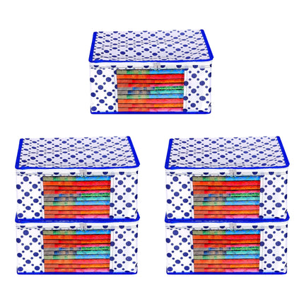White & Blue Polka Dot Printed Clothes Storage Organizer Box with Transparent Window and Zip Closure
