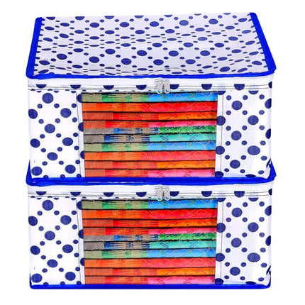 White & Blue Polka Dot Printed Clothes Storage Organizer Box with Transparent Window and Zip Closure