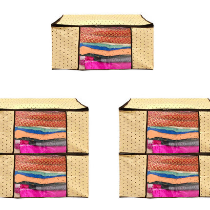 Beige Polka Dot Printed Clothes Storage Organizer Box with Transparent Window and Zip Closure