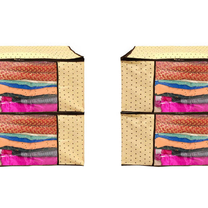 Beige Polka Dot Printed Clothes Storage Organizer Box with Transparent Window and Zip Closure
