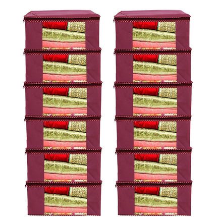 Maroon Saree Storage Cover with Decorative Border, Zip & Transparent Window