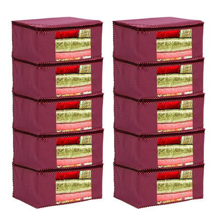 Maroon Saree Storage Cover with Decorative Border, Zip & Transparent Window