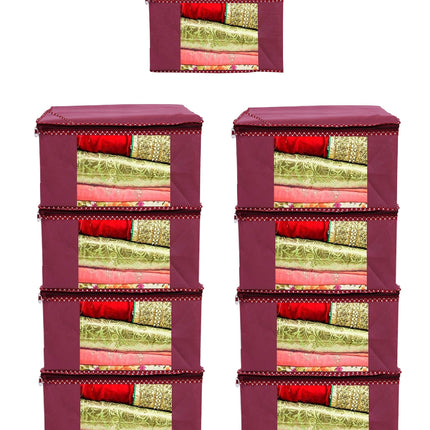 Maroon Saree Storage Cover with Decorative Border, Zip & Transparent Window