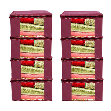 Maroon Saree Storage Cover with Decorative Border, Zip & Transparent Window