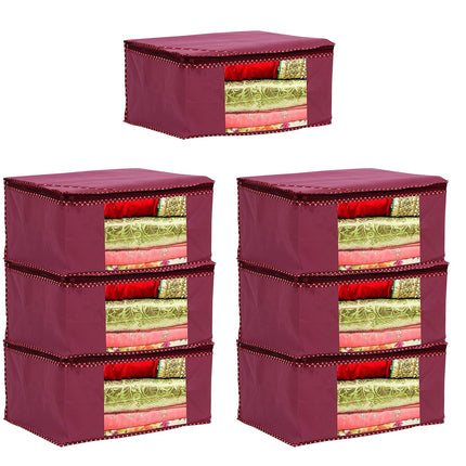 Maroon Saree Storage Cover with Decorative Border, Zip & Transparent Window
