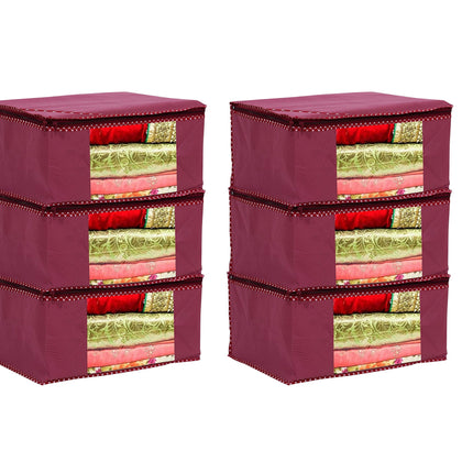 Maroon Saree Storage Cover with Decorative Border, Zip & Transparent Window