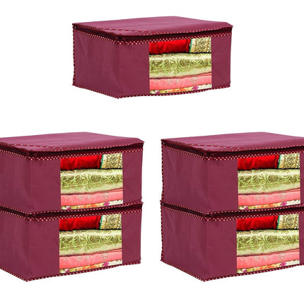 Maroon Saree Storage Cover with Decorative Border, Zip & Transparent Window