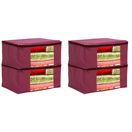 Maroon Saree Storage Cover with Decorative Border, Zip & Transparent Window