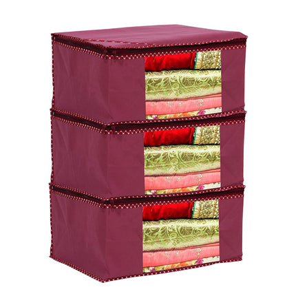 Maroon Saree Storage Cover with Decorative Border, Zip & Transparent Window