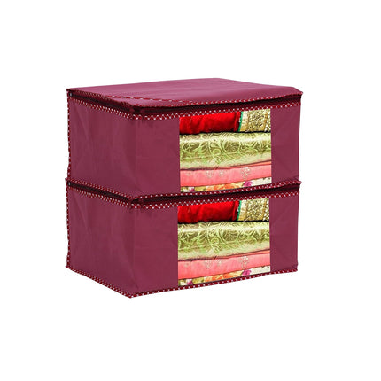 Maroon Saree Storage Cover with Decorative Border, Zip & Transparent Window