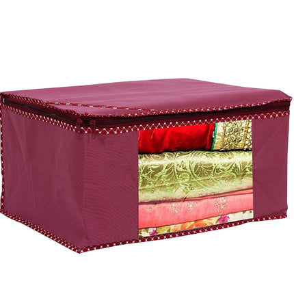 Maroon Saree Storage Cover with Decorative Border, Zip & Transparent Window