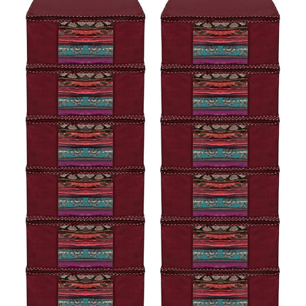 Maroon Saree Storage Cover with Decorative Border, Zip & Transparent Window