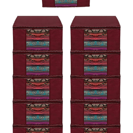 Maroon Saree Storage Cover with Decorative Border, Zip & Transparent Window