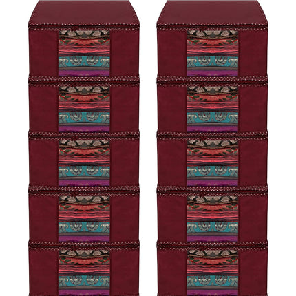 Maroon Saree Storage Cover with Decorative Border, Zip & Transparent Window
