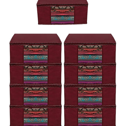 Maroon Saree Storage Cover with Decorative Border, Zip & Transparent Window