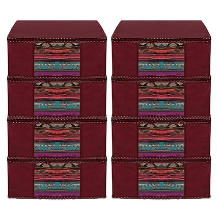 Maroon Saree Storage Cover with Decorative Border, Zip & Transparent Window