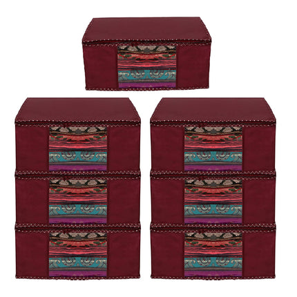 Maroon Saree Storage Cover with Decorative Border, Zip & Transparent Window
