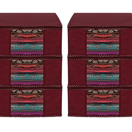Maroon Saree Storage Cover with Decorative Border, Zip & Transparent Window