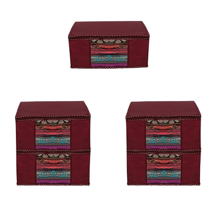 Maroon Saree Storage Cover with Decorative Border, Zip & Transparent Window