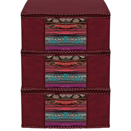 Maroon Saree Storage Cover with Decorative Border, Zip & Transparent Window