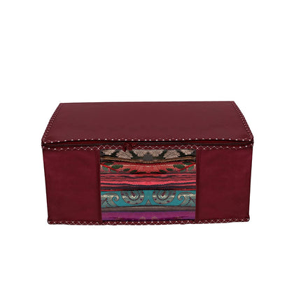 Maroon Saree Storage Cover with Decorative Border, Zip & Transparent Window