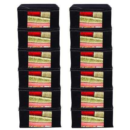 Black Saree Storage Cover with Decorative Border, Zip & Transparent Window