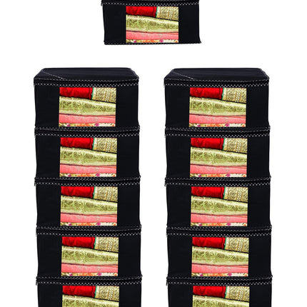 Black Saree Storage Cover with Decorative Border, Zip & Transparent Window