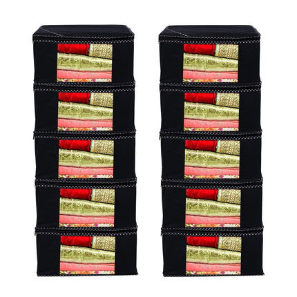 Black Saree Storage Cover with Decorative Border, Zip & Transparent Window