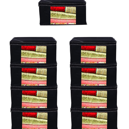 Black Saree Storage Cover with Decorative Border, Zip & Transparent Window