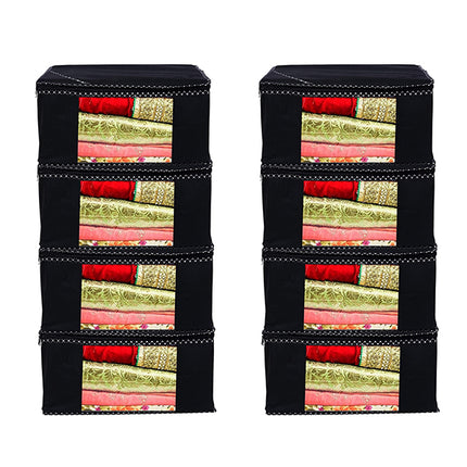 Black Saree Storage Cover with Decorative Border, Zip & Transparent Window