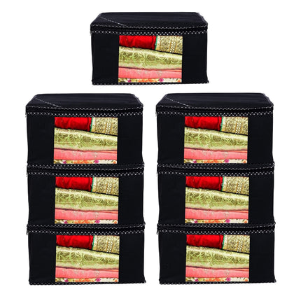 Black Saree Storage Cover with Decorative Border, Zip & Transparent Window