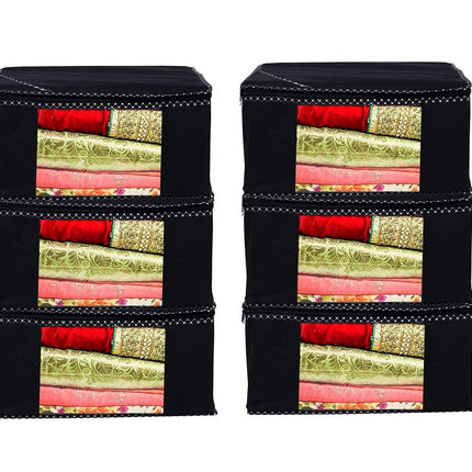 Black Saree Storage Cover with Decorative Border, Zip & Transparent Window