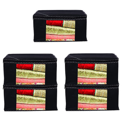 Black Saree Storage Cover with Decorative Border, Zip & Transparent Window
