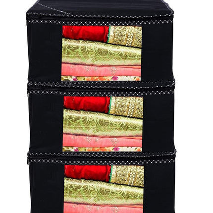 Black Saree Storage Cover with Decorative Border, Zip & Transparent Window